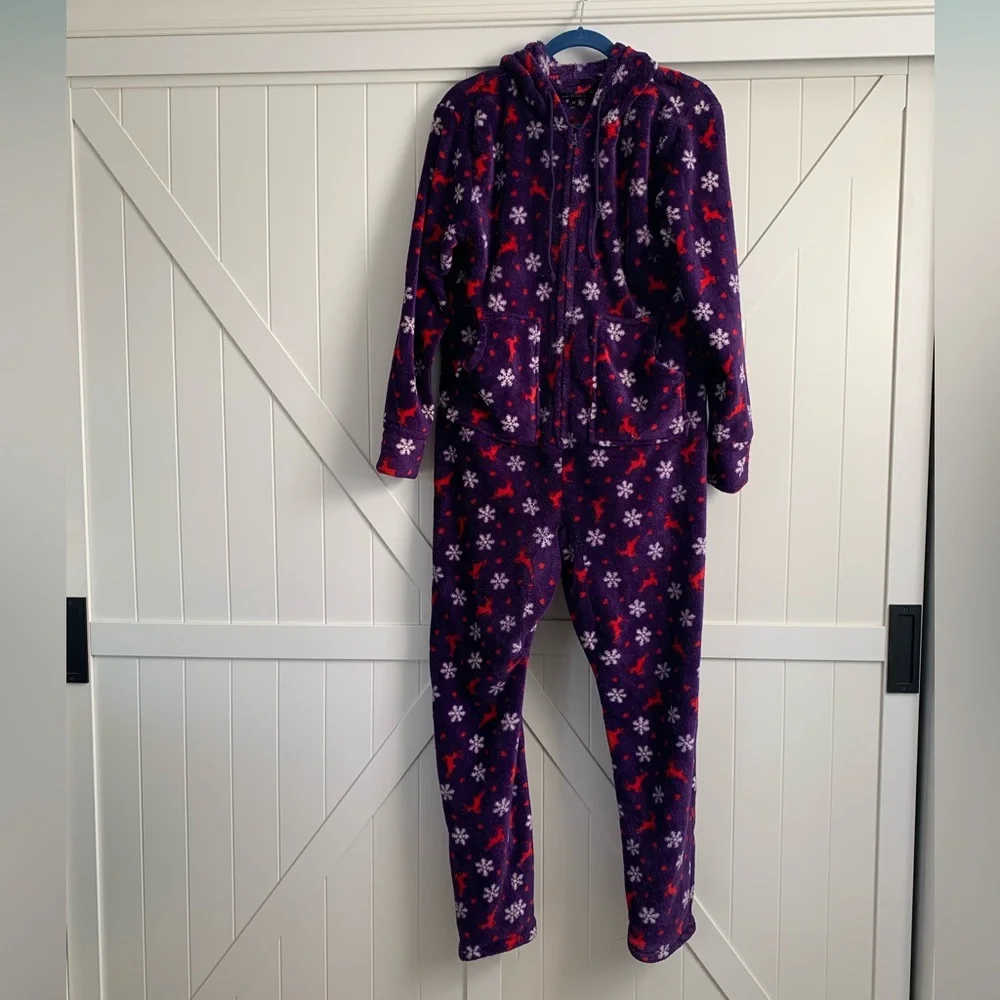 Alexander Del Rossa Plush Women's Hooded Footed Pajamas Purple Reindeer Medium - Picture 1 of 6